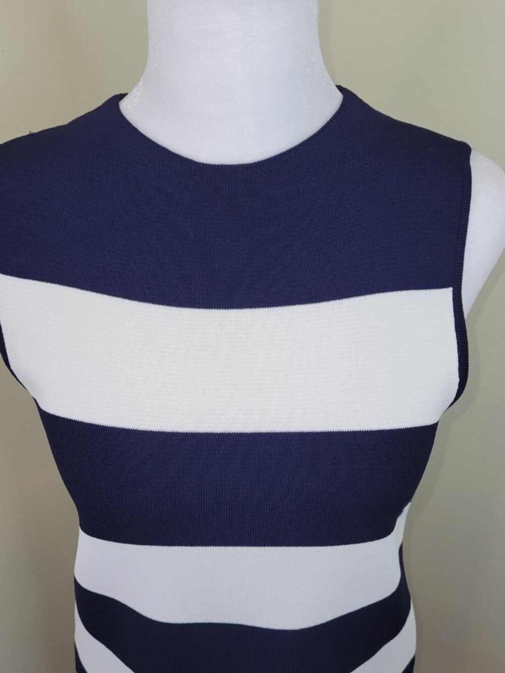 Eliza J Dress Navy Blue White Striped Textured Knit Sheath Crew Neck Women's 4P - Picture 7 of 11